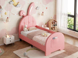 3ft Single Rabbit-Shaped Upholstered Bed Frame, Bunny Ear Headboard & Footboard Storage Pocket, Soft N652P412013P
