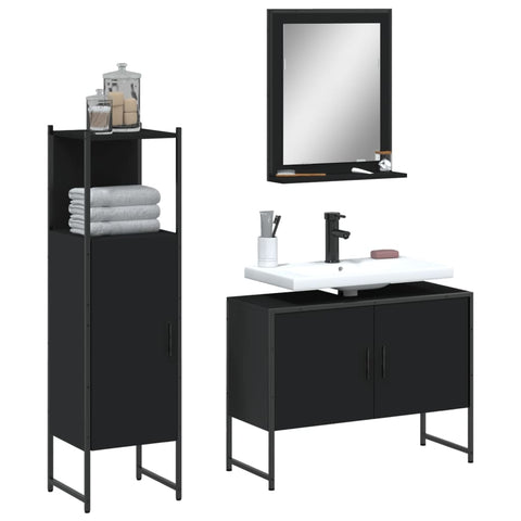 ZNTS 3 Piece Bathroom Cabinet Set Black Engineered Wood 3214349