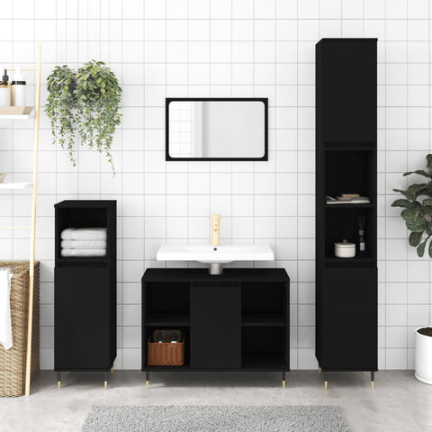 ZNTS 3 Piece Bathroom Furniture Set Black Engineered Wood 3190292