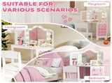 Kids Dressing Table and Stool Set, Girls Vanity Table with 2-Colour LED Lights, Tri-Folding Mirror, T3398P422151