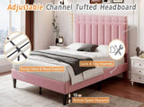 4ft6 Double Upholstered Velvet Frame, with Adjustable Channel Tufted Headboard, Velvet Platform N652P179780P
