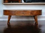 Solid Wood Chestnut Rounded Coffee Table, 2 Drawers, Dark Brown B2743P403121