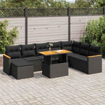 ZNTS 9 Piece Garden Sofa Set with Cushions Black Poly Rattan Acacia 3327520