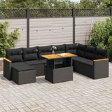 ZNTS 9 Piece Garden Sofa Set with Cushions Black Poly Rattan Acacia 3327520