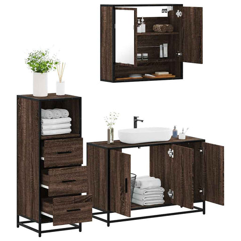 ZNTS 3 Piece Bathroom Furniture Set Brown Oak Engineered Wood 3301044