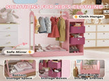 Kids Clothes Rail with Storage Shelf, Boxes, Mirror for Bedroom, Nursery, Pink T3398P347990