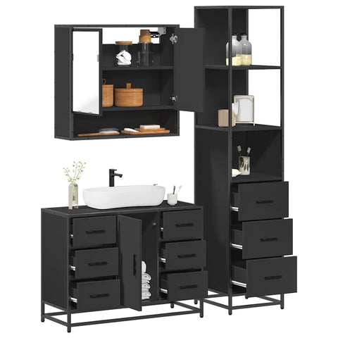 ZNTS 3 Piece Bathroom Furniture Set Black Engineered Wood 3301170