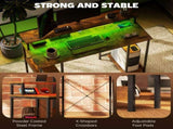 LED Computer Desk, with Power Outlets and Shelves - Rustic Brown T3398P328319