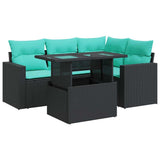 5 Piece Garden Sofa Set with Cushions Black Poly Rattan Acacia 3326308