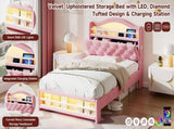 3ft Single Upholstered Velvet Bed Frame, LED Bed Frame with Charging Station & Diamond Tufted N652P399022P