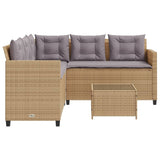 ZNTS Garden Sofa with Table and Cushions L-Shaped Beige Poly Rattan 369042