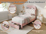 3ft Single Velvet Upholstered Bed Frame, Adjustable Cookie Shaped Storage Headboard with Storage N652P420241P