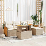 ZNTS 6 Piece Garden Sofa Set with Cushions Beige Poly Rattan Acacia 3327698