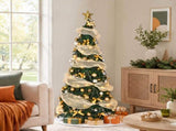 6FT Green Telescopic Christmas Tree with Gold Ribbon, Gold & Silver Ornaments, Bead Chain, PVC, 150 80910638
