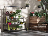 3 Tiered Plant Rack with Hanging Hooks, Tall Plant Stand for Indoor Outdoor Porch Balcony Use, Black T3398P325255