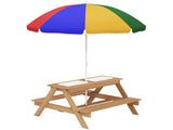 Kids Picnic Table, Sand and Water Table with Wooden Benches, Adjustable Parasol and Storage Bins, T3398P348570