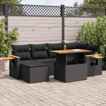 ZNTS 7 Piece Garden Sofa Set with Cushions Black Poly Rattan Acacia 3327618