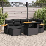 ZNTS 7 Piece Garden Sofa Set with Cushions Black Poly Rattan Acacia 3327618