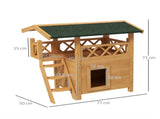 Cat House Outdoor w/ Balcony Stairs Roof, 77 x 50 x 73 cm, Natural Wood Finish T3398P349841