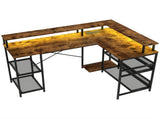 LED Light 'L' Computer Desk, with Shelves - Brown T3398P344502
