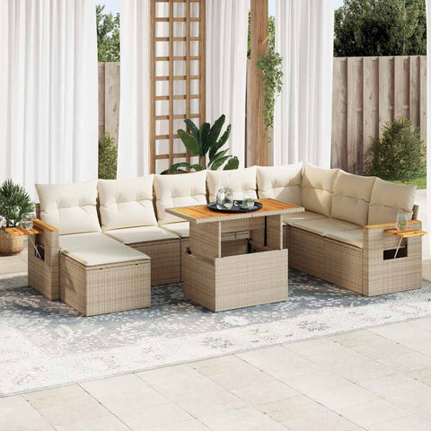 ZNTS 9 Piece Garden Sofa Set with Cushions Beige Poly Rattan Acacia 3327635