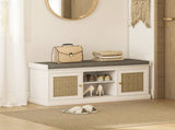 Boho Shoe Storage Bench with Padded Cushion and Rattan Doors - White T3398P423862