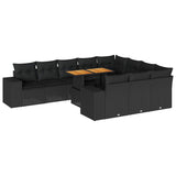 10 Piece Garden Sofa Set with Cushions Black Poly Rattan Acacia 3327422