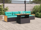 5 Piece Garden Sofa Set with Cushions Black Poly Rattan Acacia 3327655