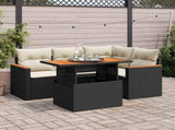 5 Piece Garden Sofa Set with Cushions Black Poly Rattan Acacia 3327479