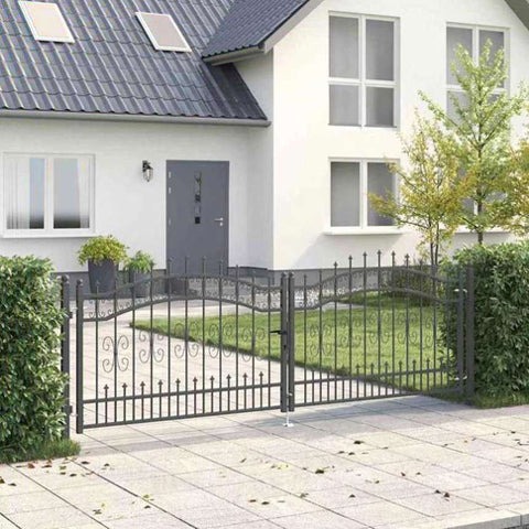 Fence Gate with Spear Top with Lock Grey 305 x 100 cm Steel 42009043