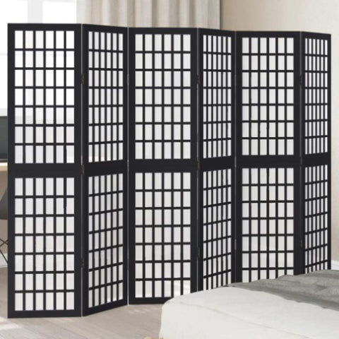 ZNTS Room Divider 6 Panels Black Solid Wood Paulownia 358777