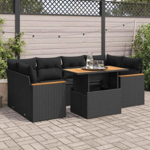 ZNTS 6 Piece Garden Sofa Set with Cushions Black Poly Rattan Acacia 3327450