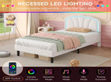 3ft Single Upholstered Bed with LED Adjustable Shell Shape Headboard, Soft Velvet Bed Frame with N652P242015W