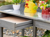 Garden Potting Table, Wooden Workstation Bench w/ Galvanized Metal Tabletop, Drawer, Storage Shelves T3398P314168