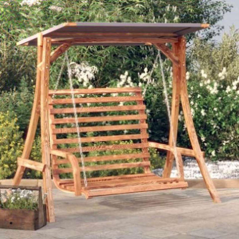 ZNTS Swing Bench with Canopy Solid Wood Spruce with Teak Finish 3200622