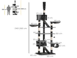 Floor-to-Ceiling Cat Tree for Indoor Cats, 240-260cm Adjustable Cat Tree - Dark Grey T3398P376229