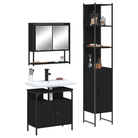 ZNTS 3 Piece Bathroom Furniture Set Black Engineered Wood 3214675