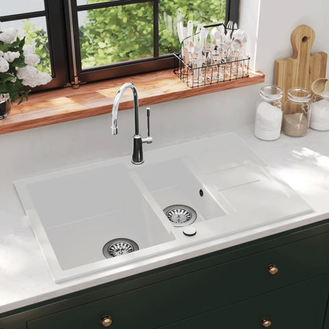 ZNTS Granite Kitchen Sink Double Basins White 144859
