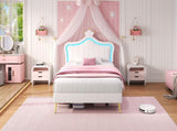 3ft Single Upholstered Bed with LED Adjustable Crown Shape Headboard, PU Leather Bed Frame with N652P265845W