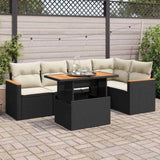 5 Piece Garden Sofa Set with Cushions Black Poly Rattan Acacia 3327486