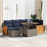 7 Piece Garden Sofa Set with Cushions Black Poly Rattan Acacia 3327736
