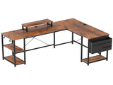 168cm Reversible L Shaped Desk, Industrial Corner Computer Desk with Adjustable Shelf and Storage T3398P329512
