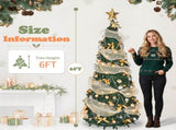 6FT Green Telescopic Christmas Tree with Gold Ribbon, Gold & Silver Ornaments, Bead Chain, PVC, 150 80910638