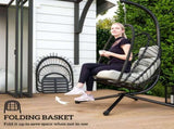 Outdoor PE Rattan Swing Chair with Foldable Basket and Cushion, Garden Patio Hanging Egg Chair with T3398P328053