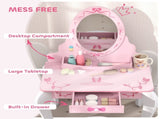 Kids Dressing Table Set, Vanity Table with Stool, Mirror, Drawer, Desktop, Storage, Ballet-Theme, T3398P422149
