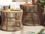 Garden Side Tables 2 pcs with Wooden Top Beige Poly Rattan 366293
