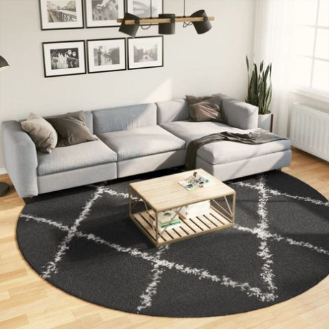 ZNTS Shaggy Rug High Pile Modern Black and Cream Ø 280 cm 375425