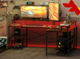 LED Light 'L' Computer Desk, with Shelves - Brown T3398P344502