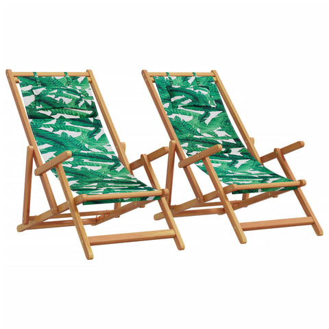 ZNTS Folding Beach Chairs 2 pcs Leaf Pattern Fabric and Solid Wood 3214489