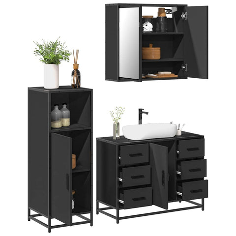 ZNTS 3 Piece Bathroom Furniture Set Black Engineered Wood 3300960
